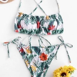 White tropical floral spaghetti strap tie side tanga bikini Sz L